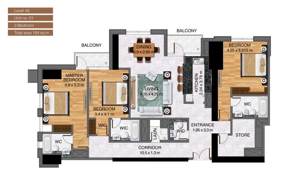 Level-43,Unit-no-1-,3-Bedroom-,Size-184-Sq m